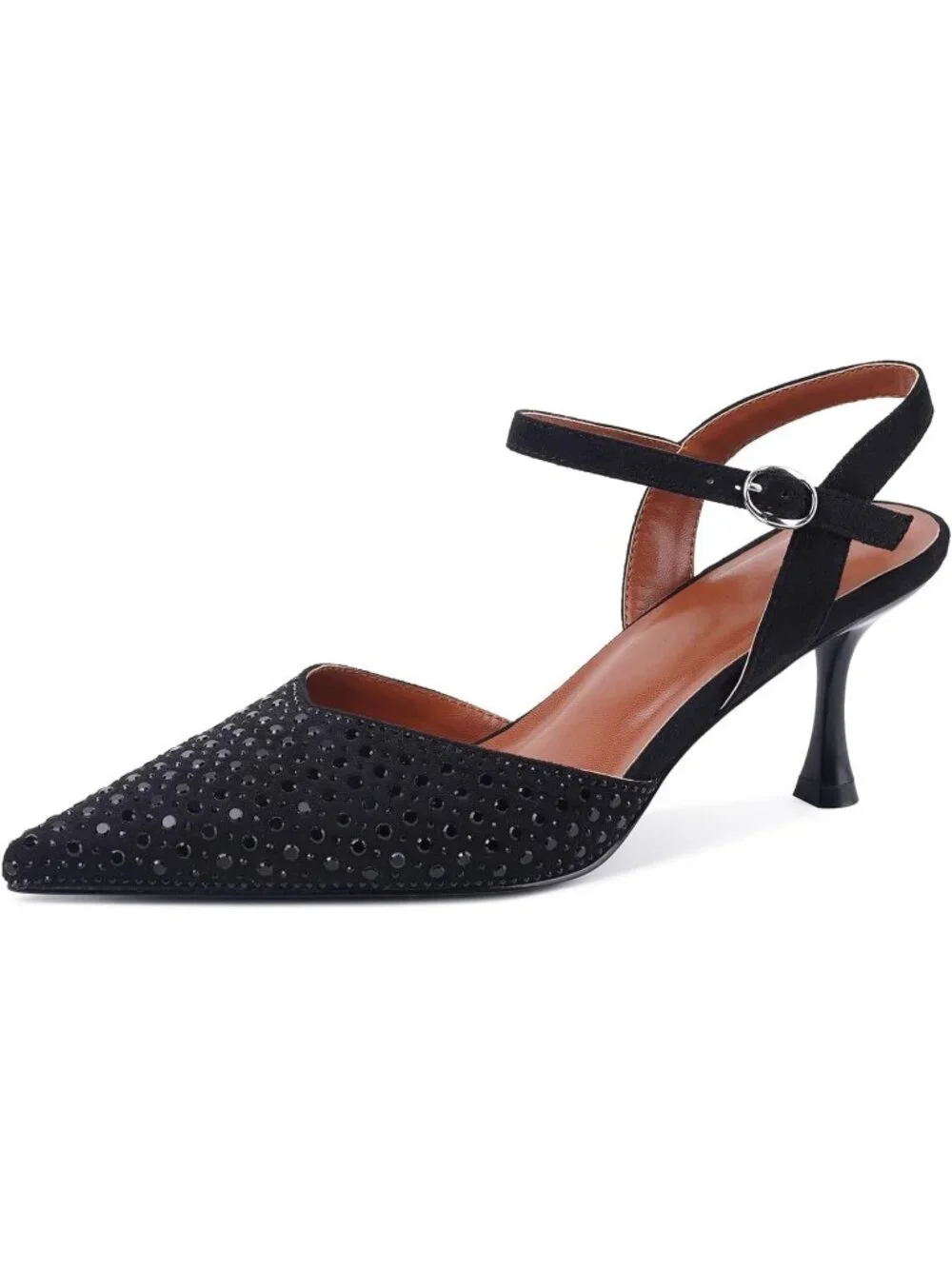 Women's Black Rhinestone Slingback Kitten Pointed Closed Toe Pumps Stiletto Heel